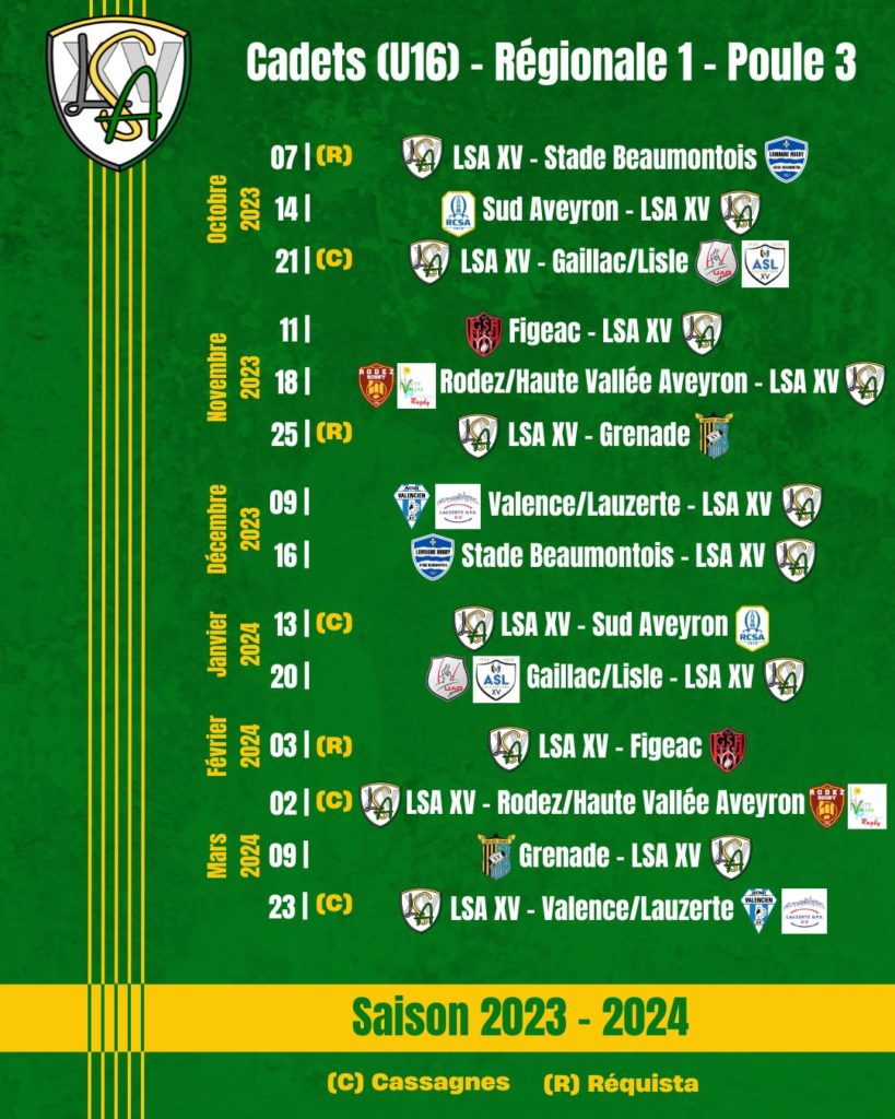 Calendrier Cadets 2023-2024