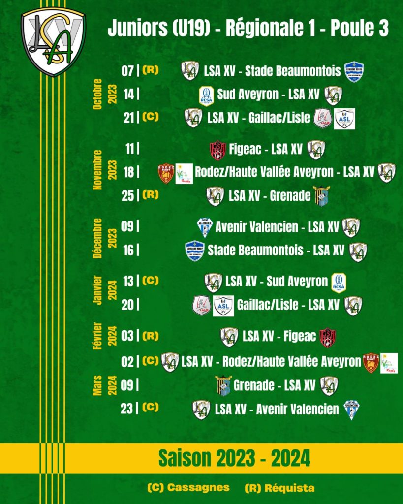 Calendrier Juniors 2023-2024